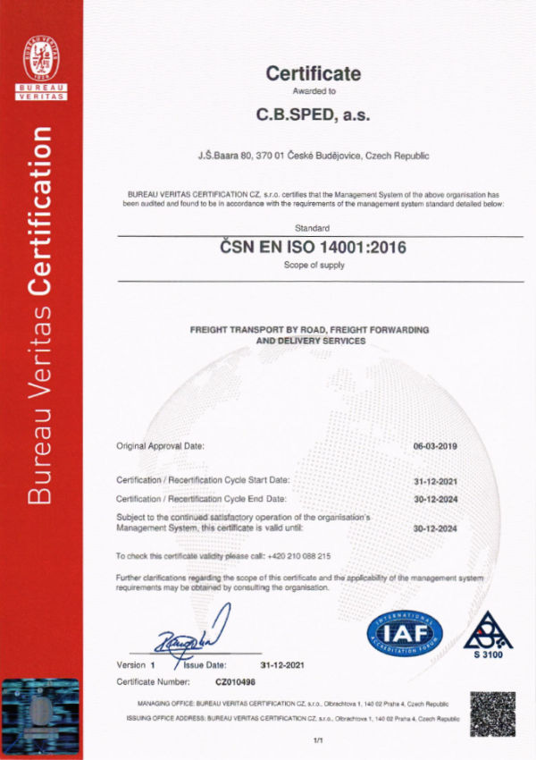 C.B.SPED - Politika jakosti a certifikace